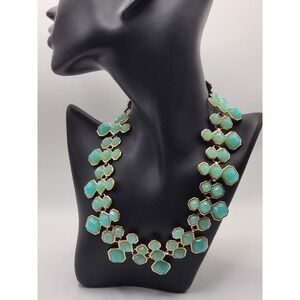 Seafoam Green Honeycomb Geometric Bib Statement Necklace Gold Tone Hexagon Mint